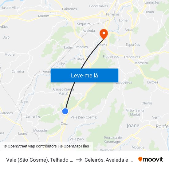 Vale (São Cosme), Telhado e Portela to Celeirós, Aveleda e Vimieiro map