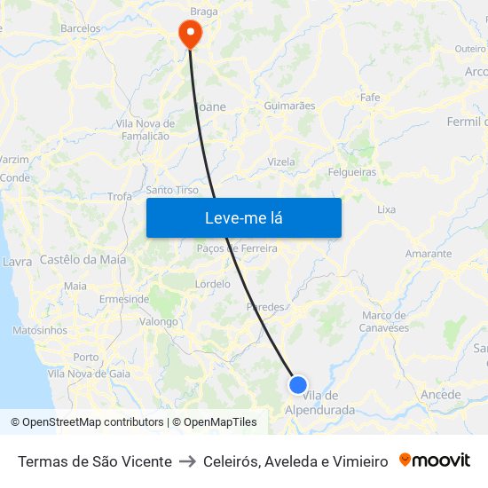 Termas de São Vicente to Celeirós, Aveleda e Vimieiro map