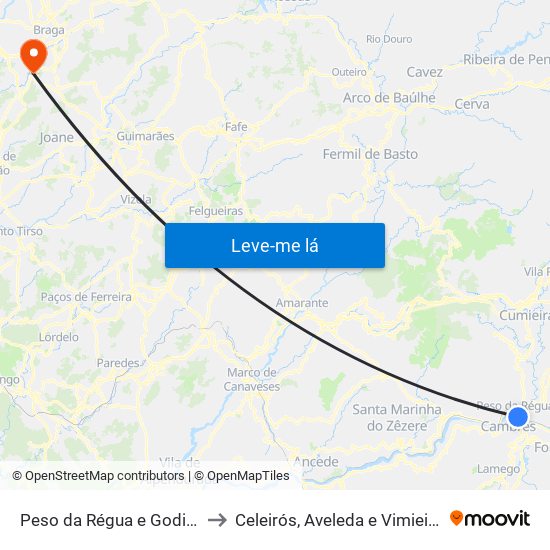 Peso da Régua e Godim to Celeirós, Aveleda e Vimieiro map