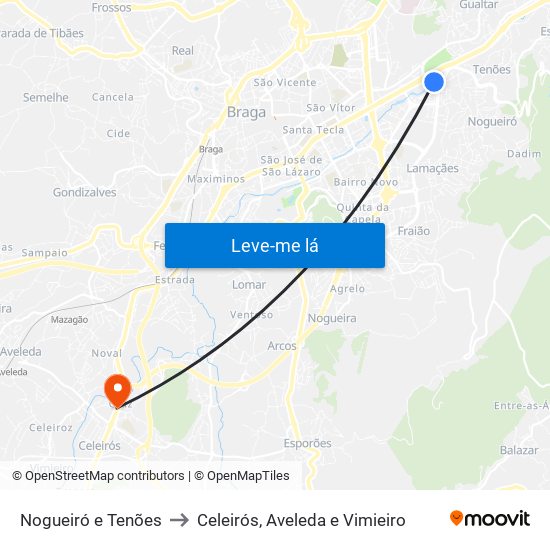 Nogueiró e Tenões to Celeirós, Aveleda e Vimieiro map