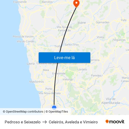 Pedroso e Seixezelo to Celeirós, Aveleda e Vimieiro map