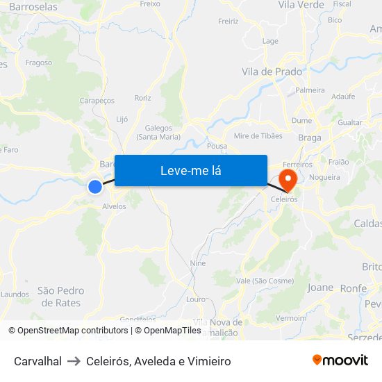 Carvalhal to Celeirós, Aveleda e Vimieiro map