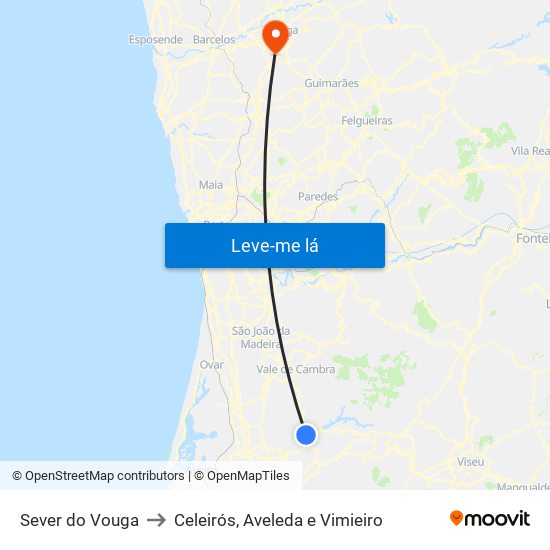 Sever do Vouga to Celeirós, Aveleda e Vimieiro map