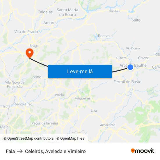 Faia to Celeirós, Aveleda e Vimieiro map