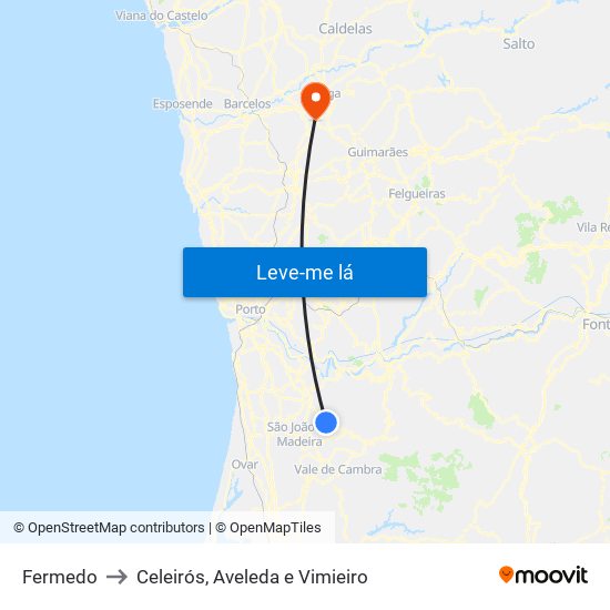 Fermedo to Celeirós, Aveleda e Vimieiro map