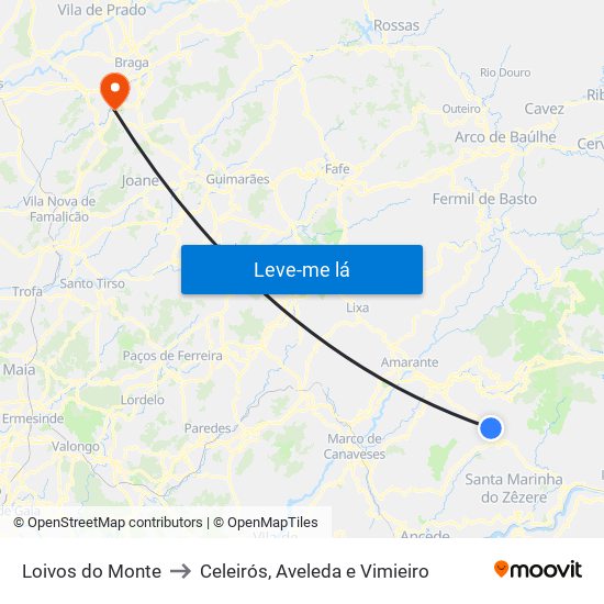 Loivos do Monte to Celeirós, Aveleda e Vimieiro map