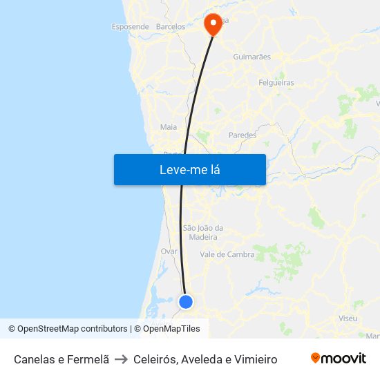 Canelas e Fermelã to Celeirós, Aveleda e Vimieiro map