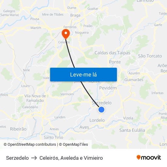 Serzedelo to Celeirós, Aveleda e Vimieiro map