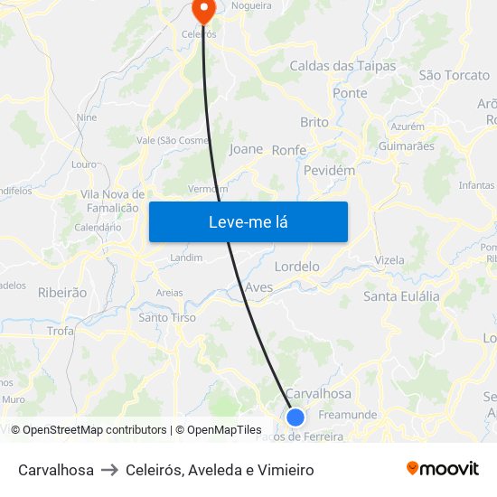 Carvalhosa to Celeirós, Aveleda e Vimieiro map