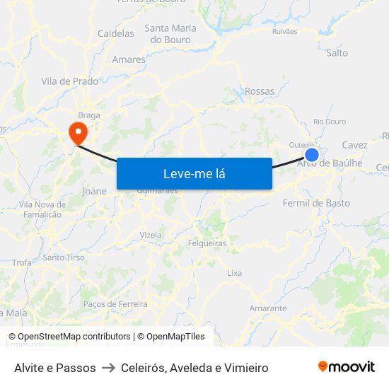 Alvite e Passos to Celeirós, Aveleda e Vimieiro map