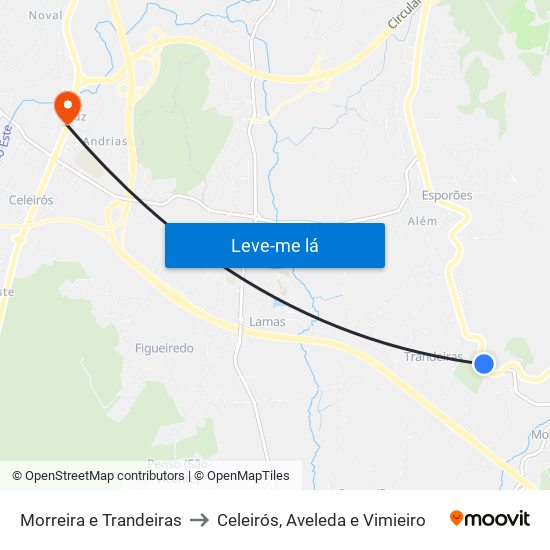 Morreira e Trandeiras to Celeirós, Aveleda e Vimieiro map