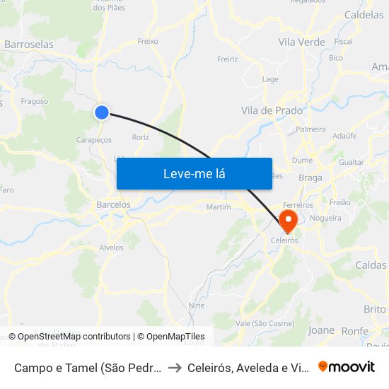 Campo e Tamel (São Pedro Fins) to Celeirós, Aveleda e Vimieiro map