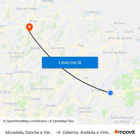 Aboadela, Sanche e Várzea to Celeirós, Aveleda e Vimieiro map