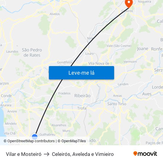 Vilar e Mosteiró to Celeirós, Aveleda e Vimieiro map