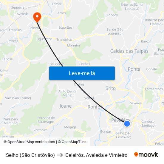 Selho (São Cristóvão) to Celeirós, Aveleda e Vimieiro map