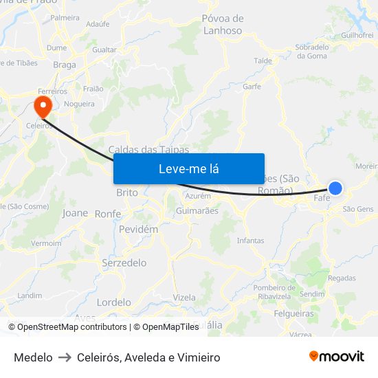 Medelo to Celeirós, Aveleda e Vimieiro map