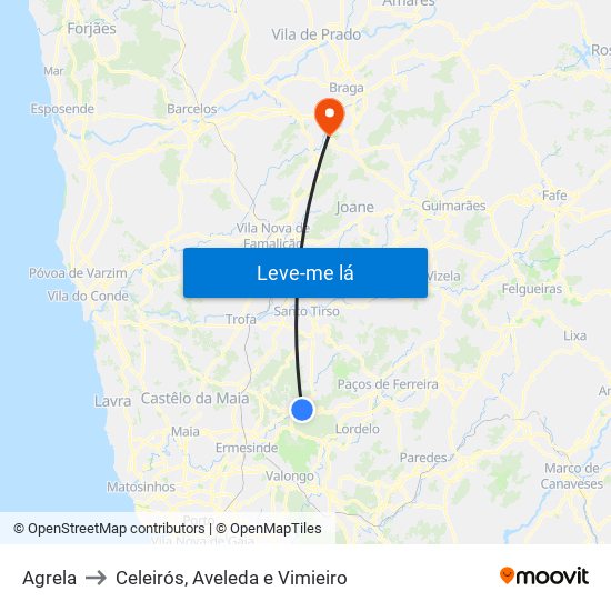 Agrela to Celeirós, Aveleda e Vimieiro map