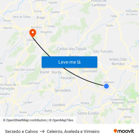 Serzedo e Calvos to Celeirós, Aveleda e Vimieiro map