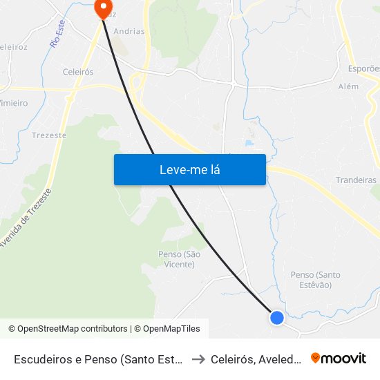 Escudeiros e Penso (Santo Estêvão e São Vicente) to Celeirós, Aveleda e Vimieiro map