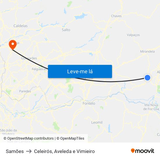 Samões to Celeirós, Aveleda e Vimieiro map