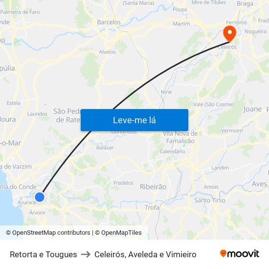 Retorta e Tougues to Celeirós, Aveleda e Vimieiro map