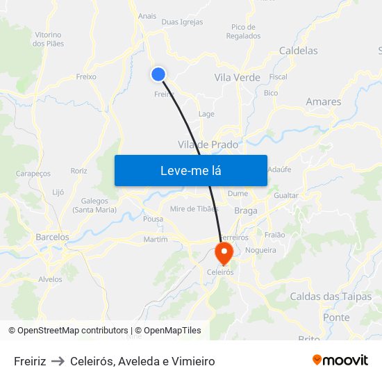 Freiriz to Celeirós, Aveleda e Vimieiro map