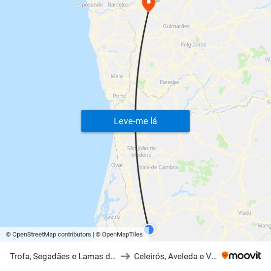Trofa, Segadães e Lamas do Vouga to Celeirós, Aveleda e Vimieiro map