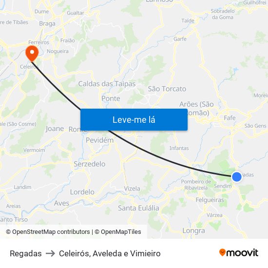 Regadas to Celeirós, Aveleda e Vimieiro map