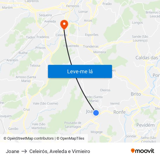 Joane to Celeirós, Aveleda e Vimieiro map
