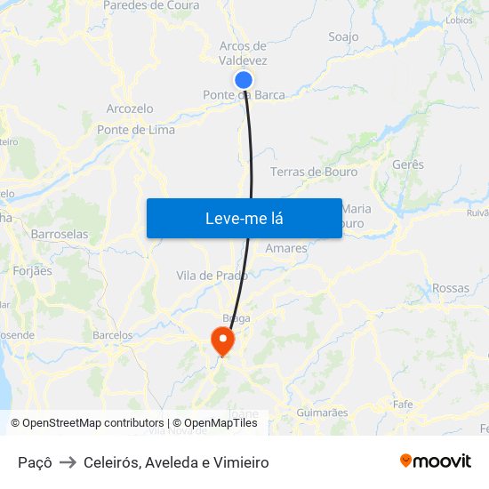 Paçô to Celeirós, Aveleda e Vimieiro map