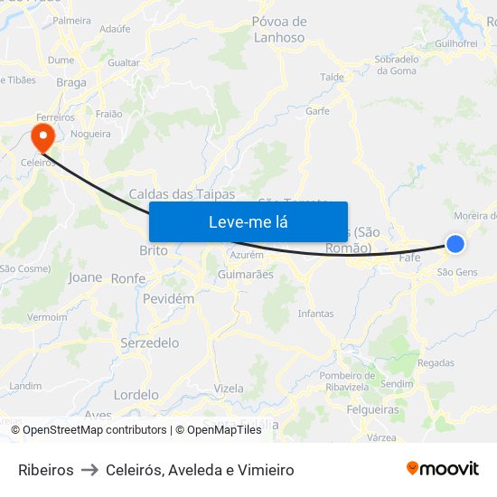 Ribeiros to Celeirós, Aveleda e Vimieiro map