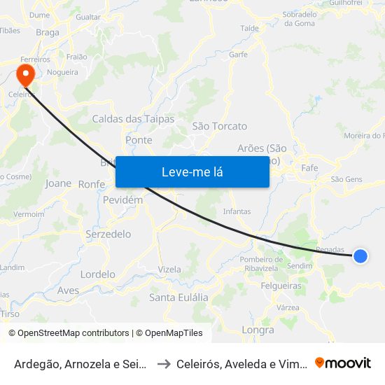 Ardegão, Arnozela e Seidões to Celeirós, Aveleda e Vimieiro map