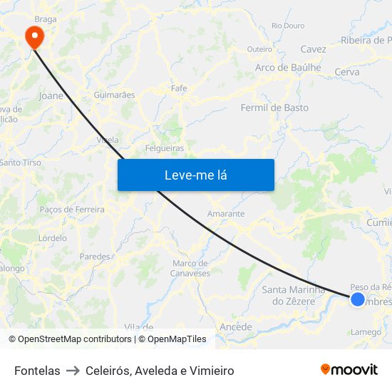 Fontelas to Celeirós, Aveleda e Vimieiro map