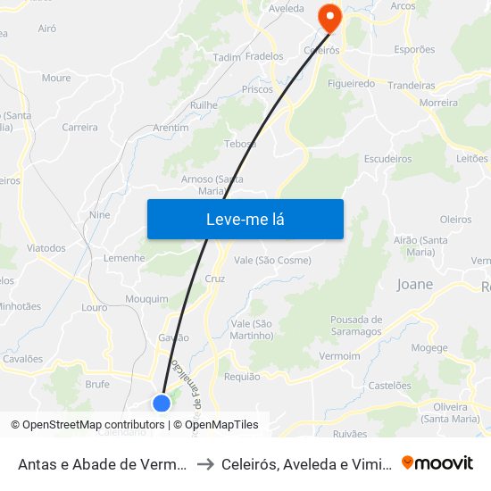 Antas e Abade de Vermoim to Celeirós, Aveleda e Vimieiro map
