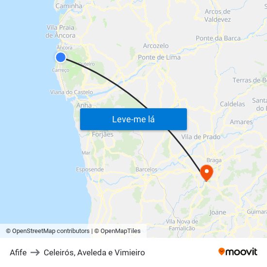 Afife to Celeirós, Aveleda e Vimieiro map