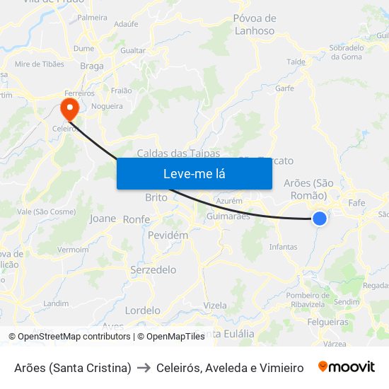 Arões (Santa Cristina) to Celeirós, Aveleda e Vimieiro map