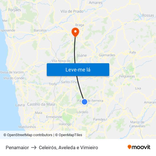 Penamaior to Celeirós, Aveleda e Vimieiro map