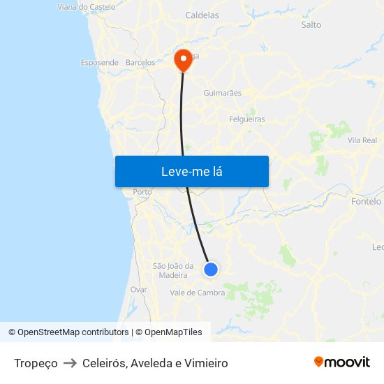 Tropeço to Celeirós, Aveleda e Vimieiro map