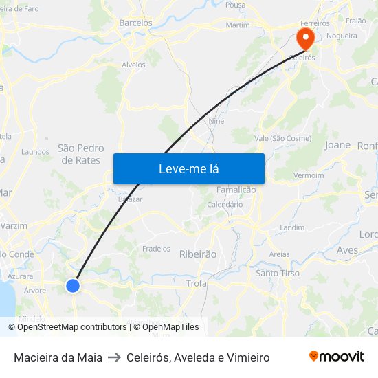 Macieira da Maia to Celeirós, Aveleda e Vimieiro map