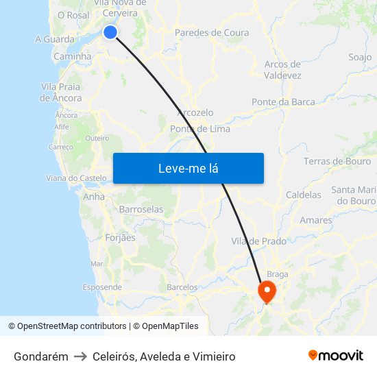 Gondarém to Celeirós, Aveleda e Vimieiro map