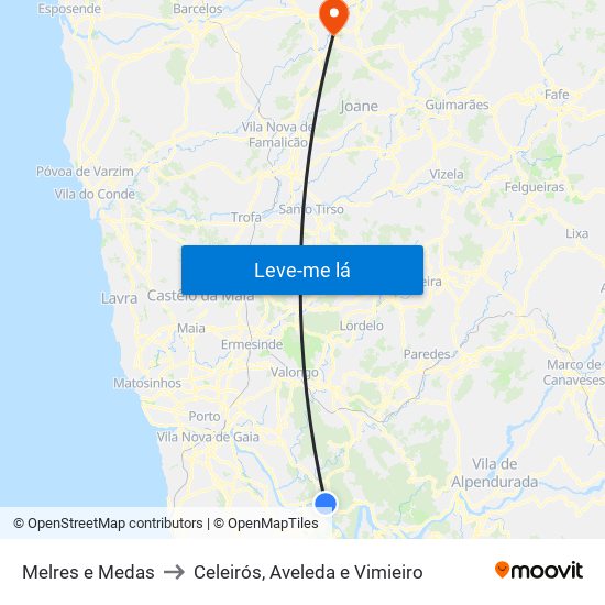 Melres e Medas to Celeirós, Aveleda e Vimieiro map