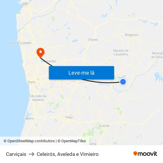 Carviçais to Celeirós, Aveleda e Vimieiro map