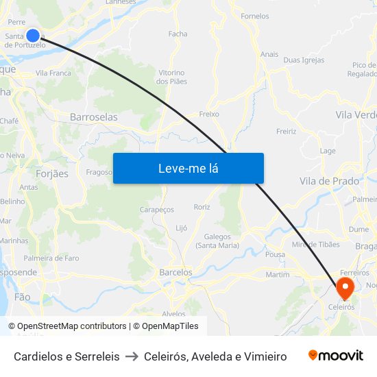 Cardielos e Serreleis to Celeirós, Aveleda e Vimieiro map