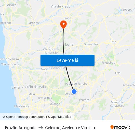 Frazão Arreigada to Celeirós, Aveleda e Vimieiro map