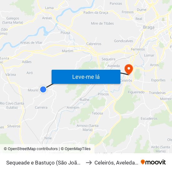 Sequeade e Bastuço (São João e Santo Estêvão) to Celeirós, Aveleda e Vimieiro map