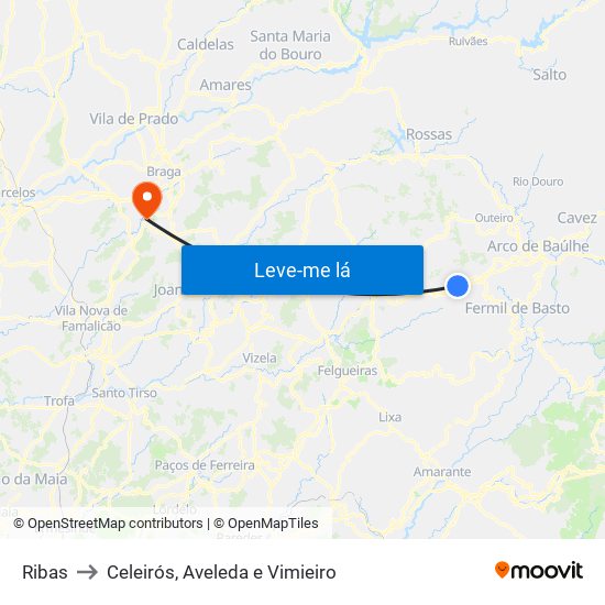 Ribas to Celeirós, Aveleda e Vimieiro map