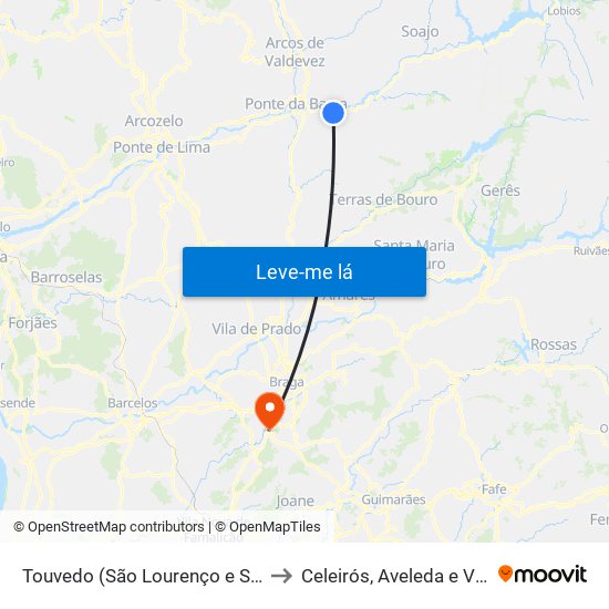 Touvedo (São Lourenço e Salvador) to Celeirós, Aveleda e Vimieiro map