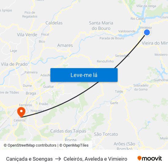 Caniçada e Soengas to Celeirós, Aveleda e Vimieiro map