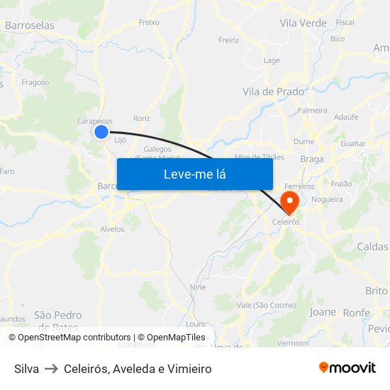Silva to Celeirós, Aveleda e Vimieiro map