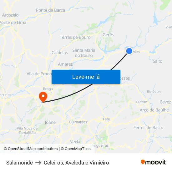 Salamonde to Celeirós, Aveleda e Vimieiro map